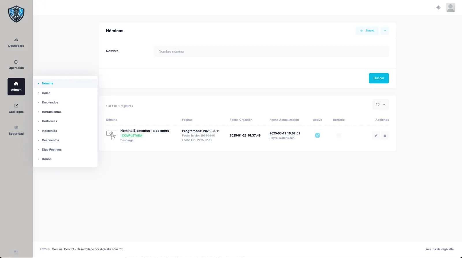 Módulo de Administración — captura de Sentinel Control