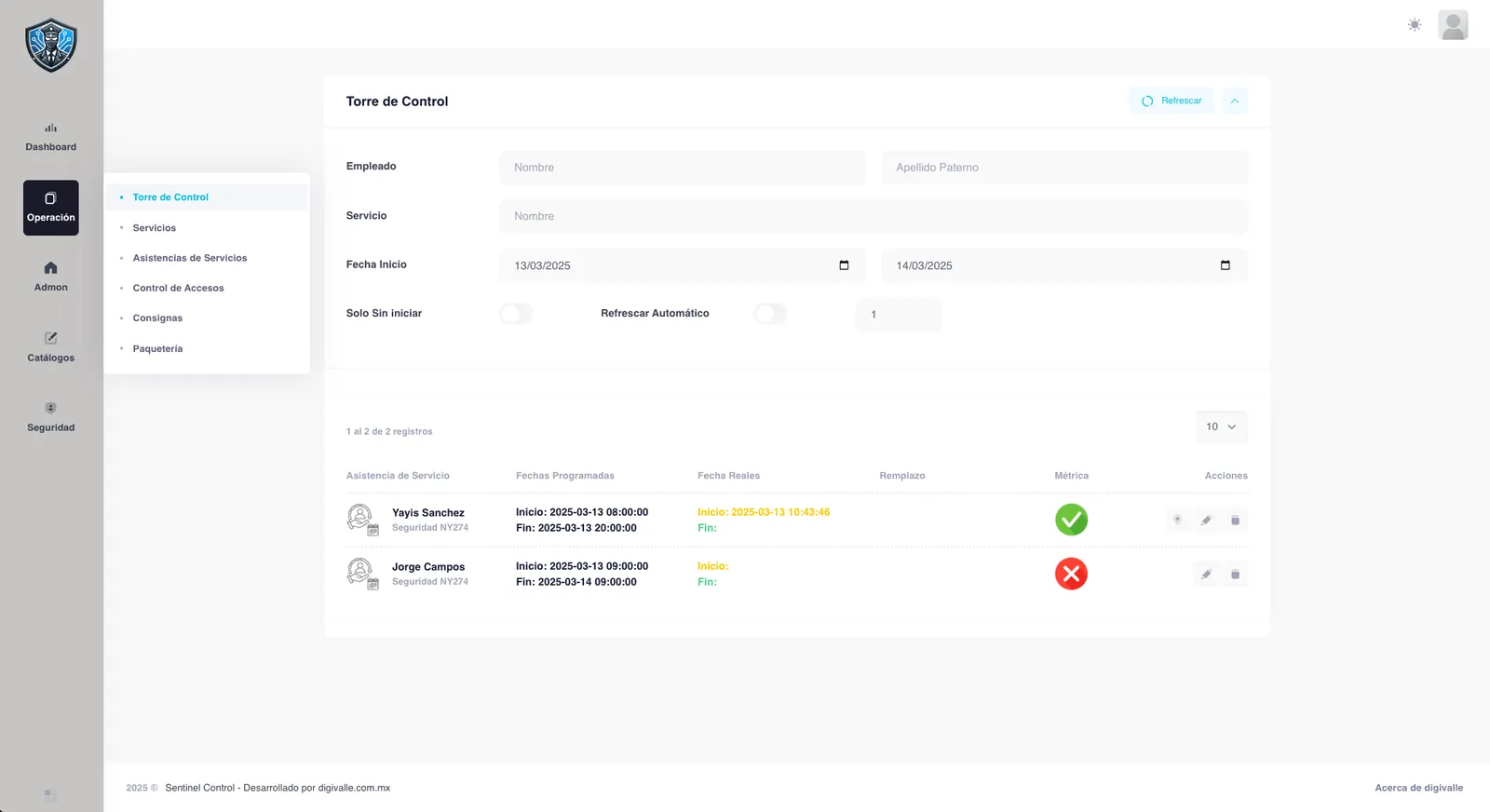 Módulo de Operación — captura de Sentinel Control