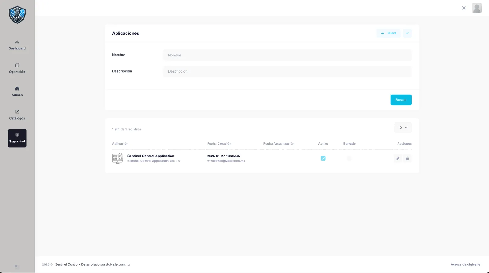 Módulo de Seguridad — captura de Sentinel Control